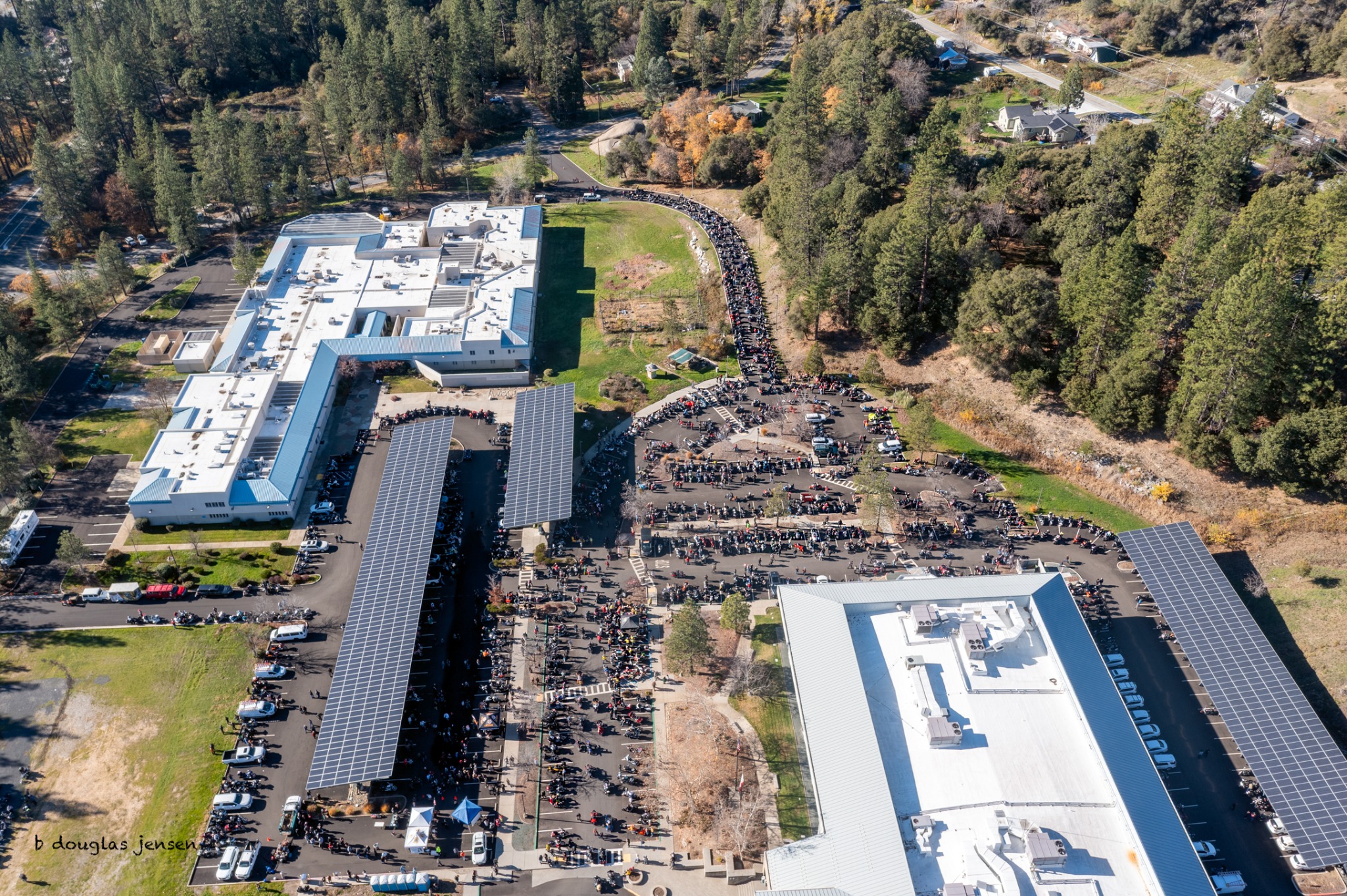 An aerial view of motorcycles filling the Eric Rood Administrative Center grounds for the Toy Run.
